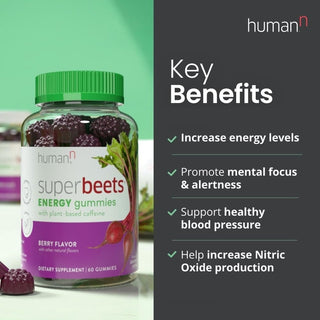 Humann Superbeets Energy Gummies - Quick Energy & Mental Focus - Help Increase Nitric Oxide - Supports Healthy Blood Pressure & Circulation Support - Antioxidant, Non-Gmo - Berry Flavor, 60 Count