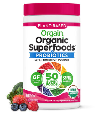 Orgain Organic Greens Powder + 50 Superfoods, Berry - 1 Billion Probiotics for Gut Health, Antioxidants, Vegan, Plant Based, Gluten Free, Non GMO, Dairy Free Juice & Smoothie Mix - 0.62Lb