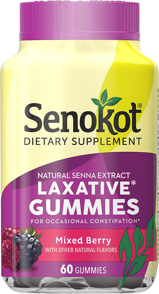 Senokot Dietary Supplement Laxative Gummies, Natural Senna Extract, Gentle, Overnight Relief from Occasional Constipation, Mixed Berry Flavor, 60 Count