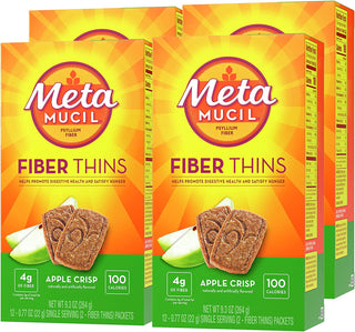 Metamucil, Fiber Thins, Daily Psyllium Husk Fiber Supplement, Supports Digestive Health and Satisfies Hunger, Apple Crisp Flavor, 12 Count (Pack of 4)