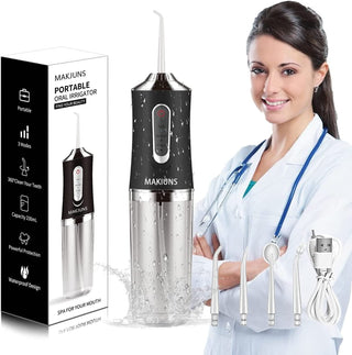 MAKJUNS - Water - Dental - Flosser - Cordless - Teeth Cleaner with 3 Modes 4 Jets Rechargeable IPX7 Waterproof Dental Oral Irrigator for Travel Home Braces(Ivory Black)