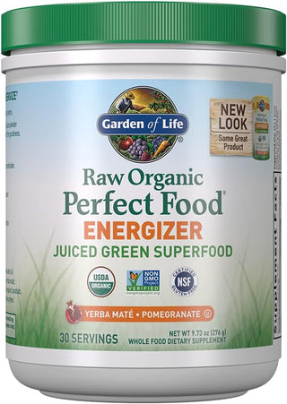 Garden of Life Raw Organic Perfect Food Energizer Juiced Green Superfood Powder - Yerba Mate Pomegranate, 30 Servings, Green Superfood Powder & Probiotics, Gluten Free Whole Food Greens Supplements