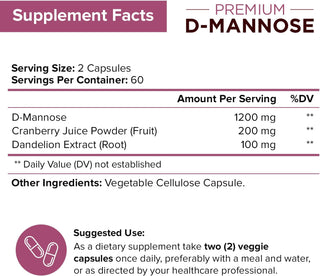 Nutriflair D-Mannose 1200Mg, 120 Capsules - with Cranberry and Dandelion Extract - Natural Urinary Tract Health UTI Support - Best D Mannose Powder - Flush Impurities, Detox Body, for Women and Men