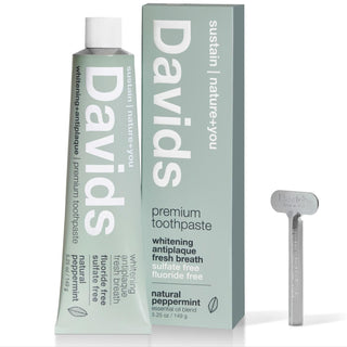 Davids Natural Toothpaste for Teeth Whitening, Peppermint, Antiplaque, Flouride Free, SLS Free, EWG Verified, Toothpaste Squeezer Included, Recycable Metal Tube, 5.25Oz