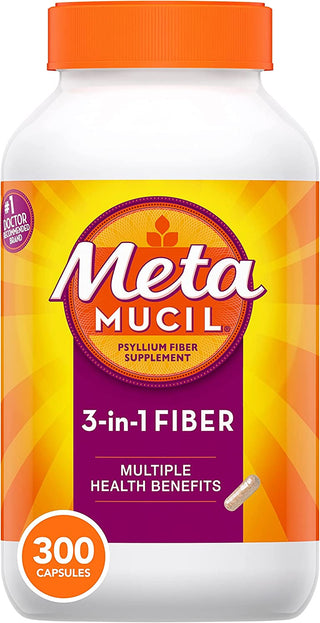 Metamucil, Daily Psyllium Husk Powder Supplement, 3-In-1 Fiber for Digestive Health, Plant Based Fiber, 300Ct Capsules