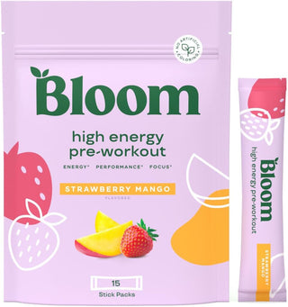 Bloom Nutrition High Energy Pre Workout Powder for Women - Natural Caffeine Powder from Green Tea Extract, W/Beta Alanine, Ginseng & L Tyrosine, Sugar Free & Keto Stick Packs (Strawberry Mango)