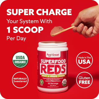 Feel Great 365 Organic Reds Superfood Powder | Smoothie Mix Loaded with Organic Beet Root Powder | Contains Vital Antioxidants & Energizing Polyphenols Supplement (Red Superfood)