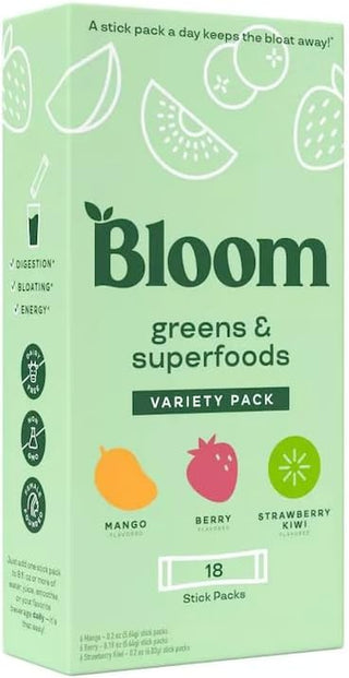 Bloom Greens and Superfoods Powder - Variety Pack (18 Packets) Probiotics for Digestive Health & Bloating Relief for Women, Digestive Enzymes Superfoods Gut Health