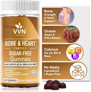 "Boost your bone health and heart with VVNATURALS Plant-Based Calcium Gummies! Packed with K2 Vitamin, Vitamin D3, Magnesium, and Trace Minerals, these gummies are a must-have. Get your 60-count bottle now!"
