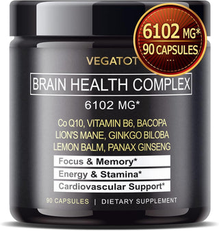 VEGATOT Brain Booster 6,102MG *USA Made and Tested* Brain Health Complex Supplement Concentrated Extract with Coq-10 VIT B6 Lion'S Mane Ginkgo Biloba Lemon Balm Ginseng - Focus Memory Energy