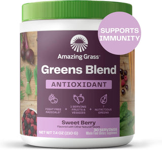 Amazing Grass Greens Blend Antioxidant: Super Greens Powder Smoothie Mix with Organic Spirulina, Beet Root Powder, Elderberry, Bilberry, Prebioitics & Probiotics, Sweet Berry, 30 Servings