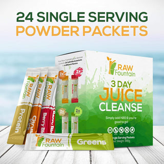 Raw Fountain 3 Day Juice Cleanse Detox, Weight Management Program, 24 Powder Packets, Travel and Vegan Friendly, 4 All Natural Flavors, Includes Protein (3 Day)