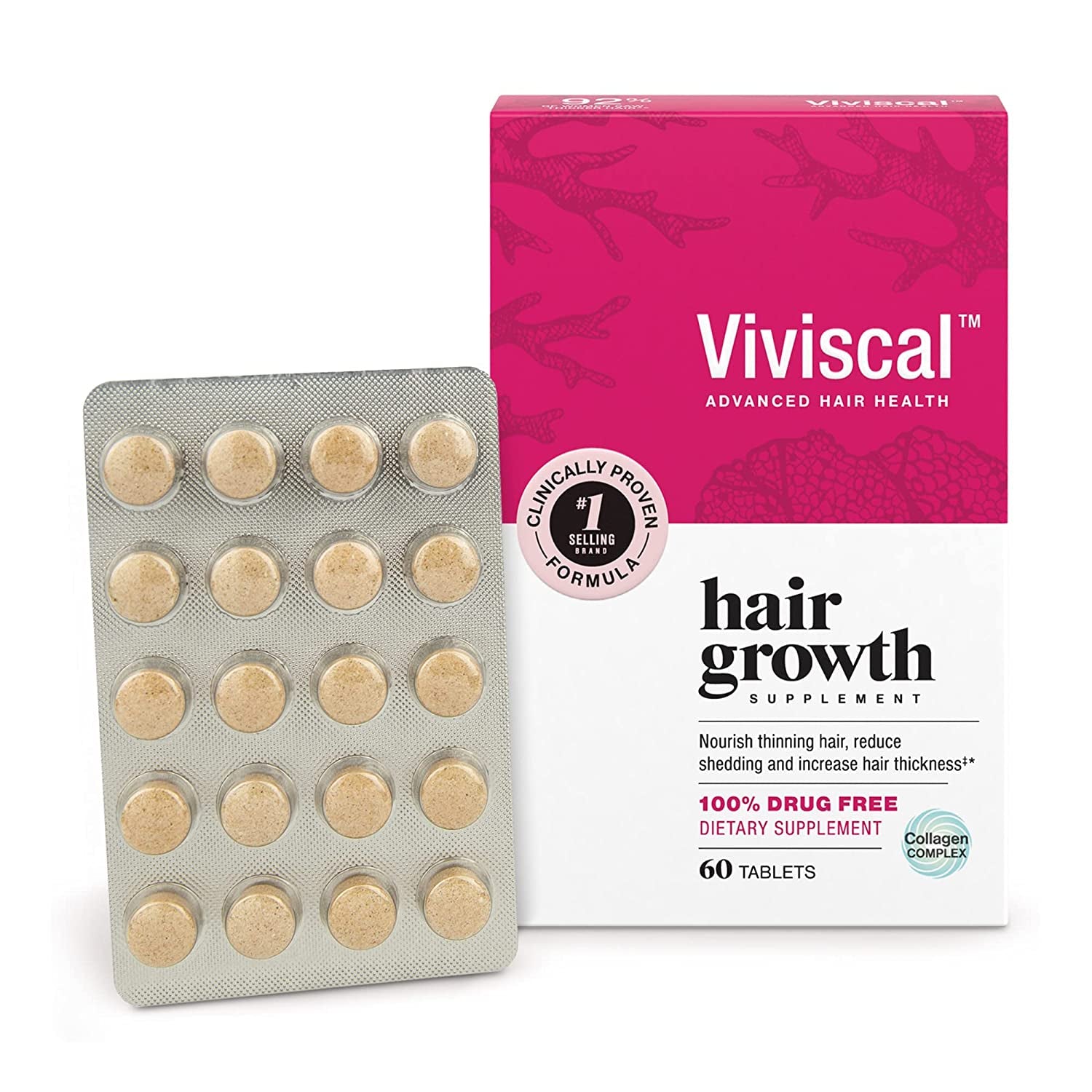 Viviscal Hair Growth Supplements for Women to Grow Thicker, Fuller Hair, Clinically Proven with Proprietary Collagen Complex, 60 Count (Pack of 1), 1 Month Supply